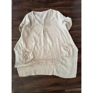 Women Linen Look Boho Blouse Beige Short Sleeve Tie Pocket Top Size L Loose Fit